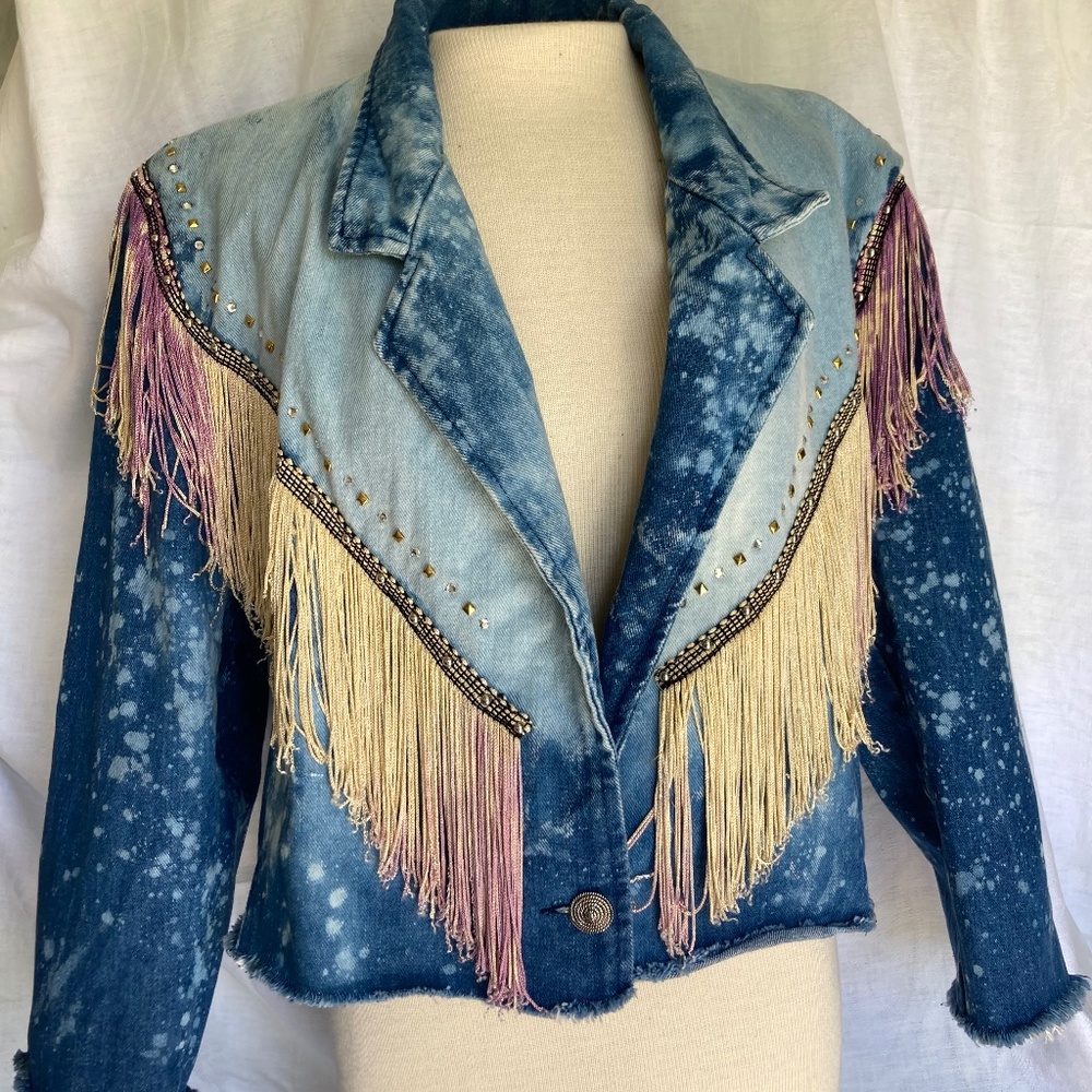 Upcycled Cropped Fringed Jean jacket ~stunner!!